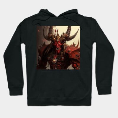 Black hoodie with fantasy demon artwork, featuring intricate red and black design. Ideal for casual wear and fantasy fans.
