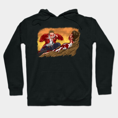 Black hoodie with vibrant graphic design, featuring bold colors and artistic illustration, perfect for casual wear.