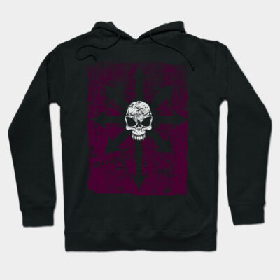 Black hoodie with skull graphic, purple backdrop, gothic style, casual wear, cotton blend material.