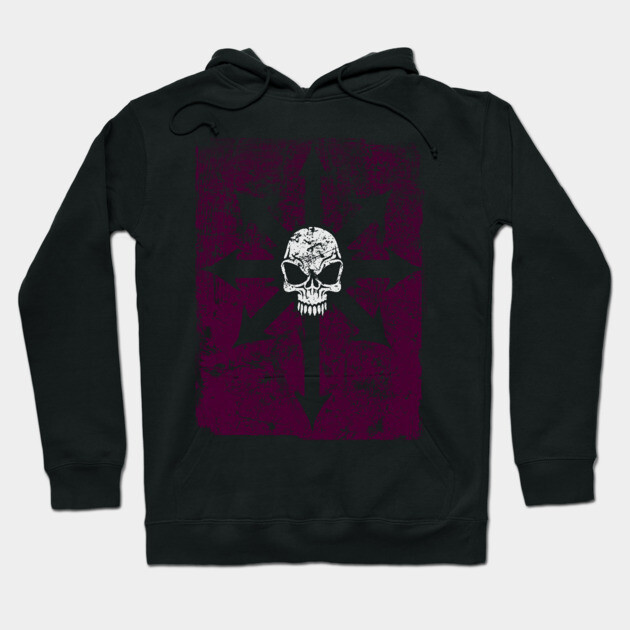 Black hoodie with skull graphic, purple backdrop, gothic style, casual wear, cotton blend material.