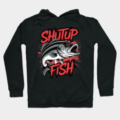 Black hoodie with bold "Shut Up Fish" graphic, featuring a fierce fish design. Casual wear, cotton blend material.