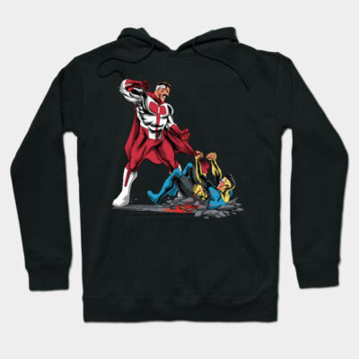 Black hoodie featuring a dynamic superhero graphic, perfect for casual wear. Cozy and stylish cotton blend material.