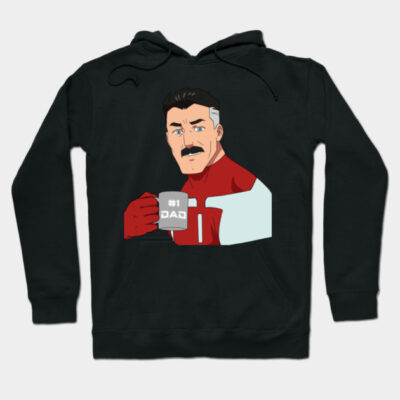 Black hoodie with a cartoon character holding a "#1 Dad" mug, perfect for casual wear or Father's Day gift.