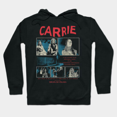 Black "Carrie" hoodie with vintage movie design, featuring a red title and collage. Cozy cotton blend for casual wear.