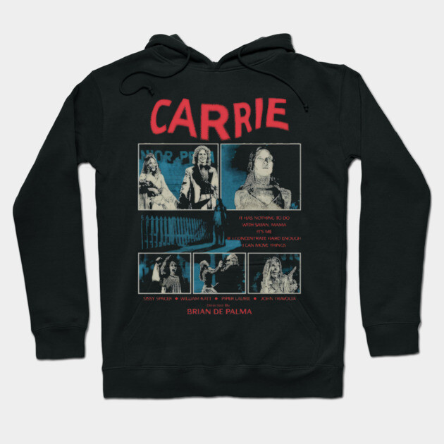 Black "Carrie" hoodie with vintage movie design, featuring a red title and collage. Cozy cotton blend for casual wear.