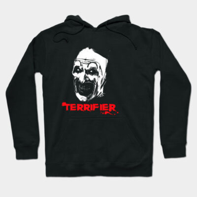 Black Terrifier hoodie with horror-themed graphic, unisex style, perfect for casual wear or Halloween events.