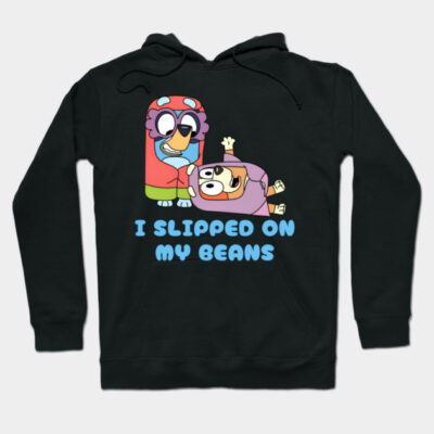 Black hoodie with colorful cartoon characters and "I Slipped On My Beans" text, casual wear, cotton blend.