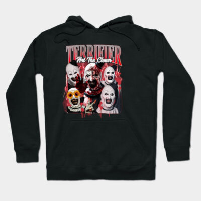 Black hoodie featuring a horror-themed clown graphic, perfect for Halloween or casual wear, cotton material, unisex design.