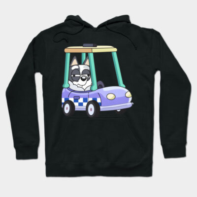Black hoodie featuring a cartoon dog in a toy car design, casual wear, cotton blend, unisex, fun and cozy style.