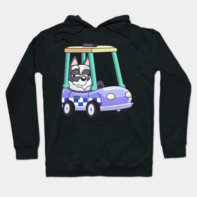 Black hoodie featuring a cartoon dog in a toy car design, casual wear, cotton blend, unisex, fun and cozy style.