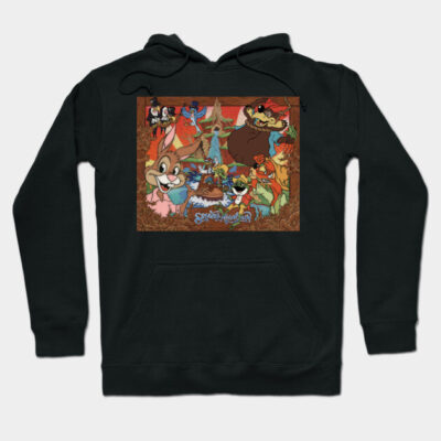 Black hoodie featuring colorful animated characters, perfect for casual wear. Made from soft, comfortable fabric.