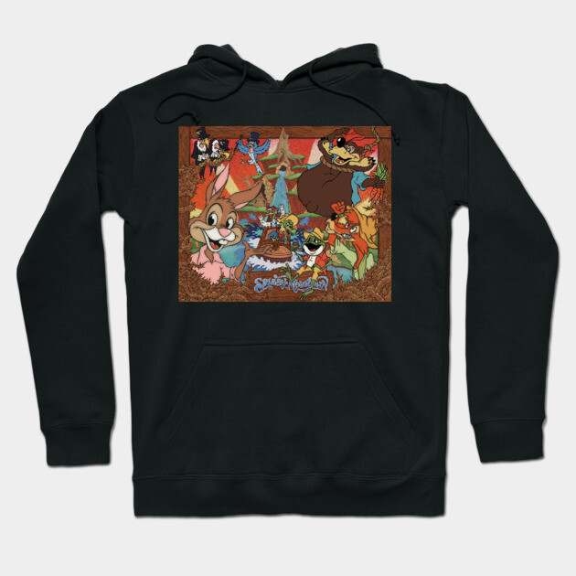 Black hoodie featuring colorful animated characters, perfect for casual wear. Made from soft, comfortable fabric.