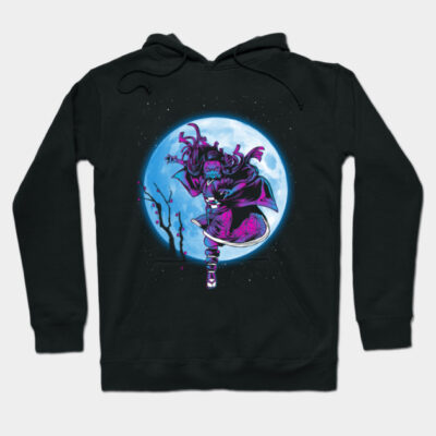 Black hoodie with vibrant ninja and moon design, featuring purple and blue hues. Perfect for casual wear or gift.