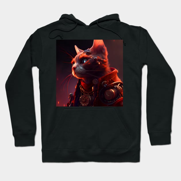 Black hoodie featuring a futuristic cat design, soft cotton material, ideal for casual wear and cat lovers.
