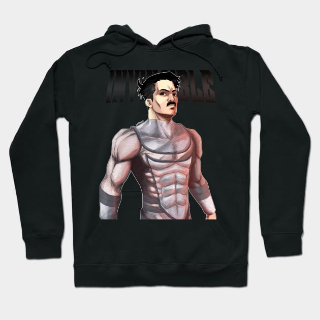 Black hoodie with muscular superhero graphic design, featuring bold text. Comfortable cotton blend for casual wear.