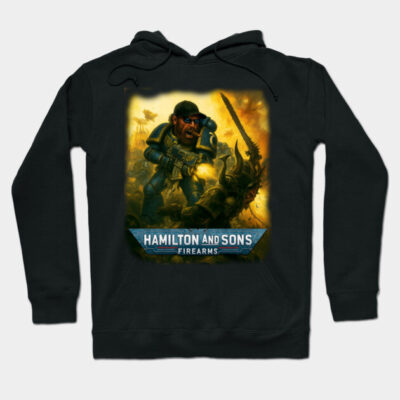 Black hoodie with "Hamilton and Sons Firearms" graphic, featuring bold design and cozy material for casual wear.