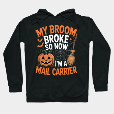 Black Halloween-themed hoodie with humorous text, pumpkin, bats, broom, and spider web design. Perfect for festive wear.