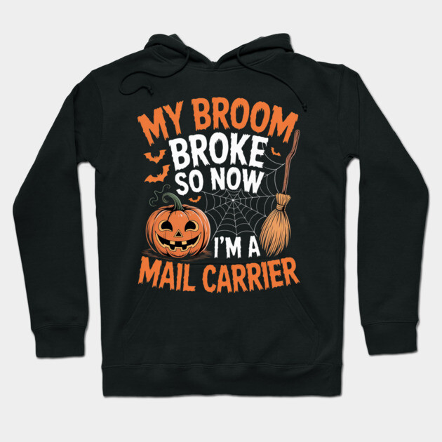 Black Halloween-themed hoodie with humorous text, pumpkin, bats, broom, and spider web design. Perfect for festive wear.
