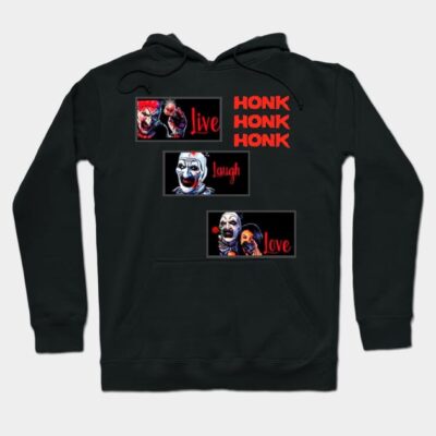 Black hoodie with "Live Laugh Love" clown graphic and "Honk Honk Honk" text, perfect for casual wear.