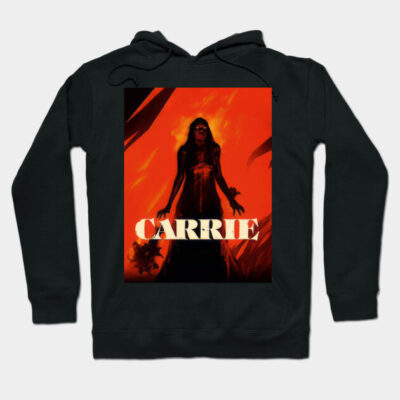 Black hoodie with bold graphic design and "Carrie" text, perfect for casual wear. Comfortable cotton blend material.