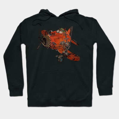 Black hoodie with vintage airplane graphic, featuring an orange and checkered design, made from soft cotton blend.