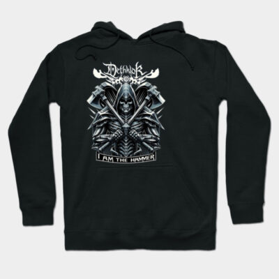 Black hoodie with detailed graphic design featuring a hooded figure and axes, perfect for casual wear, cotton material.