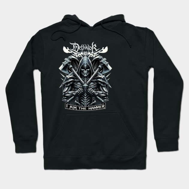 Black hoodie with detailed graphic design featuring a hooded figure and axes, perfect for casual wear, cotton material.