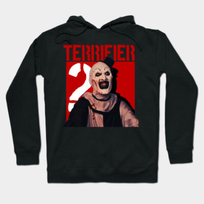 Black hoodie with Terrifier 2 graphic, featuring bold red and white design, perfect for horror movie fans.