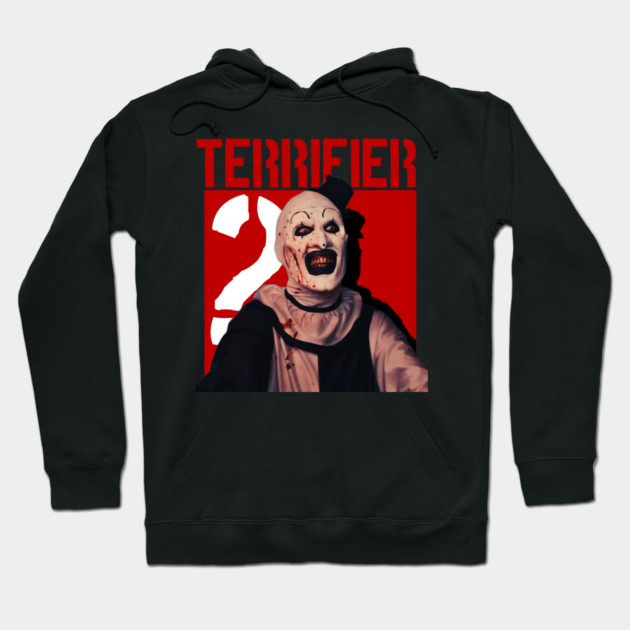 Black hoodie with Terrifier 2 graphic, featuring bold red and white design, perfect for horror movie fans.