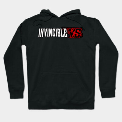 Black cotton hoodie with "Invincible VS" print, casual style, front pocket, adjustable drawstrings, unisex design.