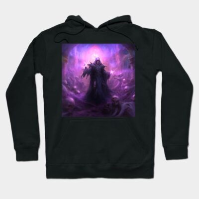 Black hoodie with mystical purple fantasy design, perfect for casual wear. Comfortable cotton blend material.