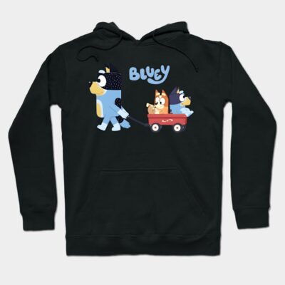 Black hoodie featuring cartoon dogs pulling a wagon, with "Bluey" text. Comfortable casual wear for kids and adults.