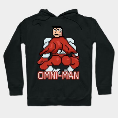 Black graphic hoodie featuring pixel art design and "OMNI-MAN" text, ideal for casual wear, cotton blend material.