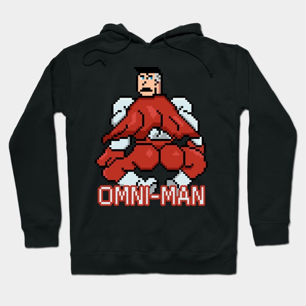 Black graphic hoodie featuring pixel art design and "OMNI-MAN" text, ideal for casual wear, cotton blend material.