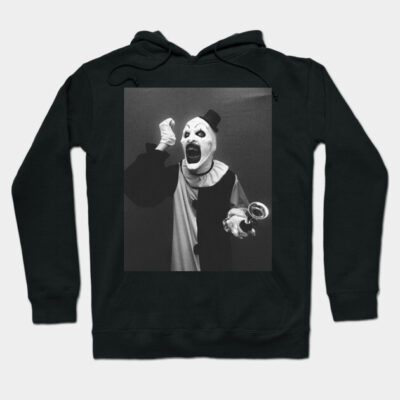 Black hoodie with spooky clown graphic, unisex style, perfect for Halloween or gothic fashion enthusiasts.