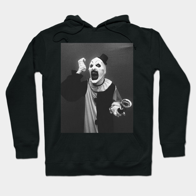 Black hoodie with spooky clown graphic, unisex style, perfect for Halloween or gothic fashion enthusiasts.