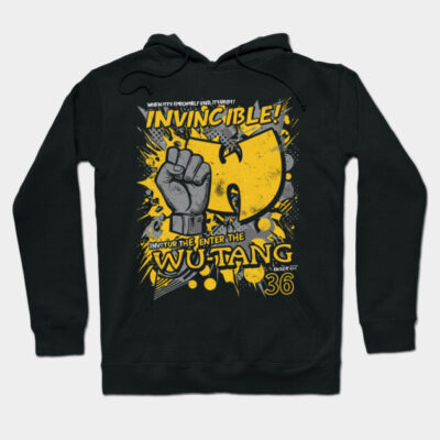Black hoodie with yellow graphic design, bold text, and fist illustration, ideal for casual wear. Cotton blend material.