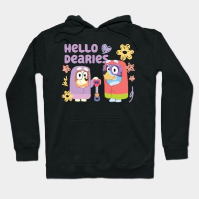 Black hoodie with colorful cartoon print, "Hello Dearies" text, casual wear, soft fabric, cozy style.