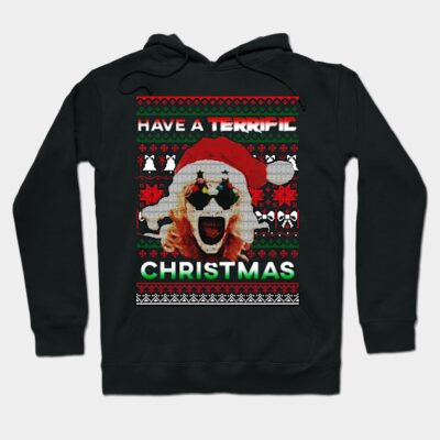 Black Christmas hoodie with festive graphic design, Santa hat, snowflakes, and text. Ideal for holiday wear. Cotton blend.