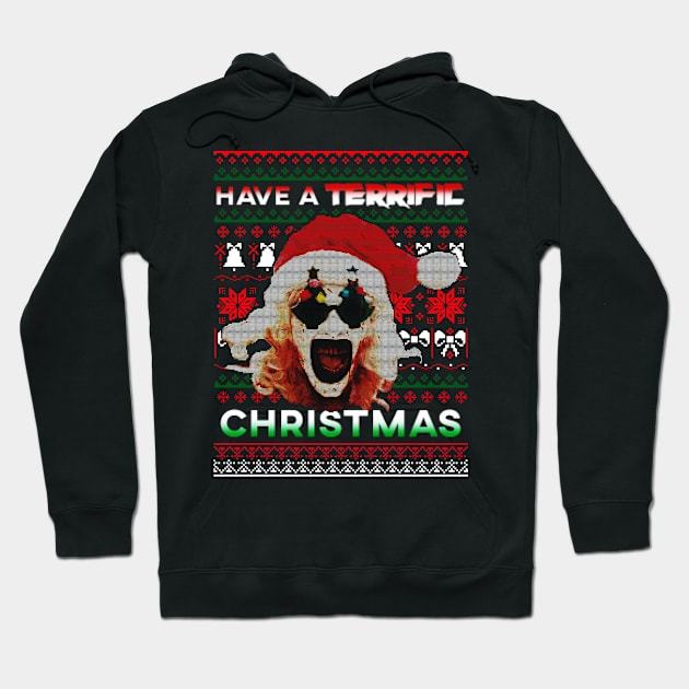 Black Christmas hoodie with festive graphic design, Santa hat, snowflakes, and text. Ideal for holiday wear. Cotton blend.