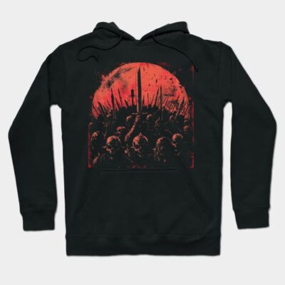 Black hoodie with red graphic print, featuring a striking design. Perfect for casual wear or gifting. Cotton blend material.