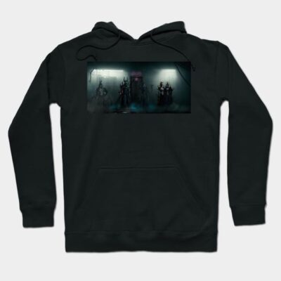 Black cotton hoodie with graphic design, long sleeves, and front pocket, ideal for casual wear.