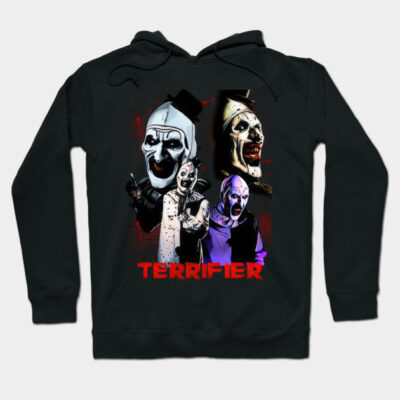 Black "Terrifier" horror-themed hoodie, featuring creepy clown graphics and bold red text, perfect for casual wear.