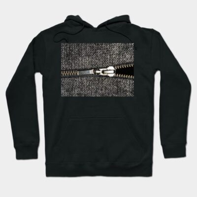 Black hoodie with front zipper graphic, cotton blend, casual style, ideal for everyday wear.