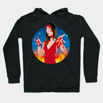 Black hoodie with horror-themed graphic design, featuring flames and a dramatic red dress illustration.
