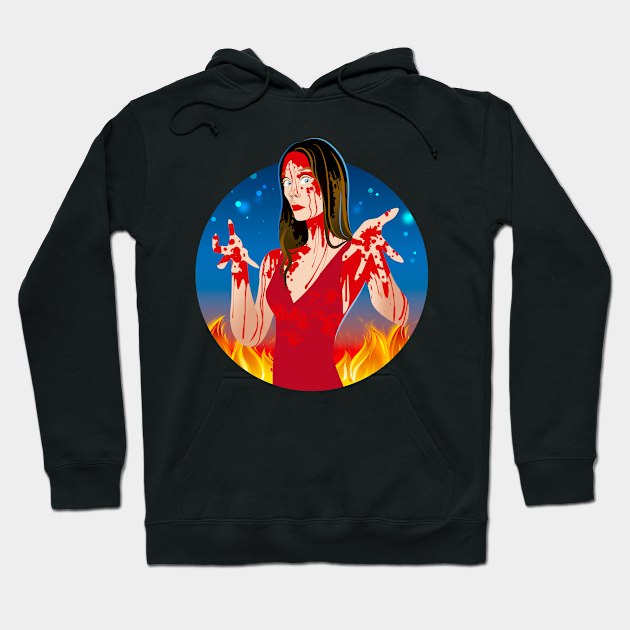 Black hoodie with horror-themed graphic design, featuring flames and a dramatic red dress illustration.