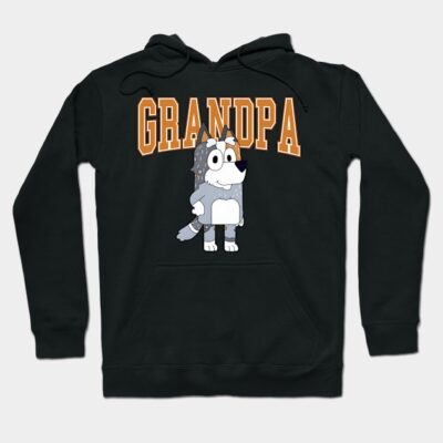"Black hoodie with cartoon wolf and 'Grandpa' text, cozy cotton blend, casual wear."