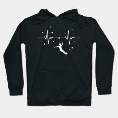 Black hoodie with white heartbeat and climber graphic, casual style, cotton blend, unisex, perfect for outdoor enthusiasts.