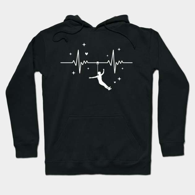 Black hoodie with white heartbeat and climber graphic, casual style, cotton blend, unisex, perfect for outdoor enthusiasts.