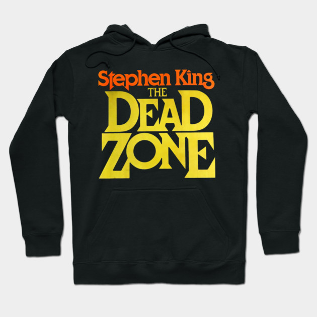 Black hoodie with bold yellow and orange "The Dead Zone" print, comfortable cotton blend, casual style for everyday wear.
